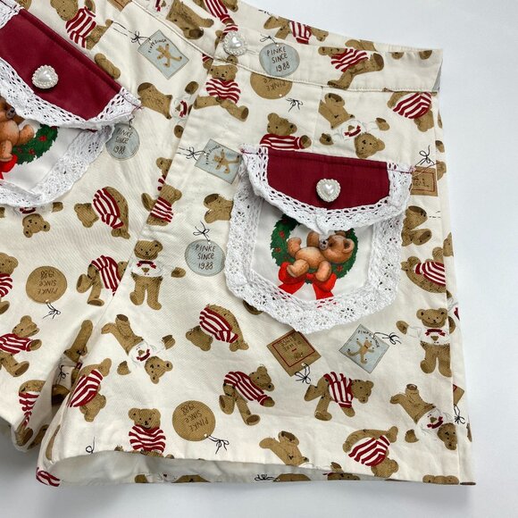 Teddy Bear Print Shorts Christmas Lace Twee High Waisted Women Lace Cream - Picture 4 of 10